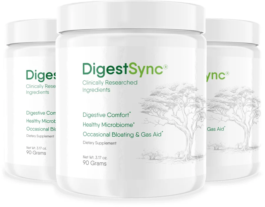 Three jars of DigestSync digestive powder supplement, 90 grams each